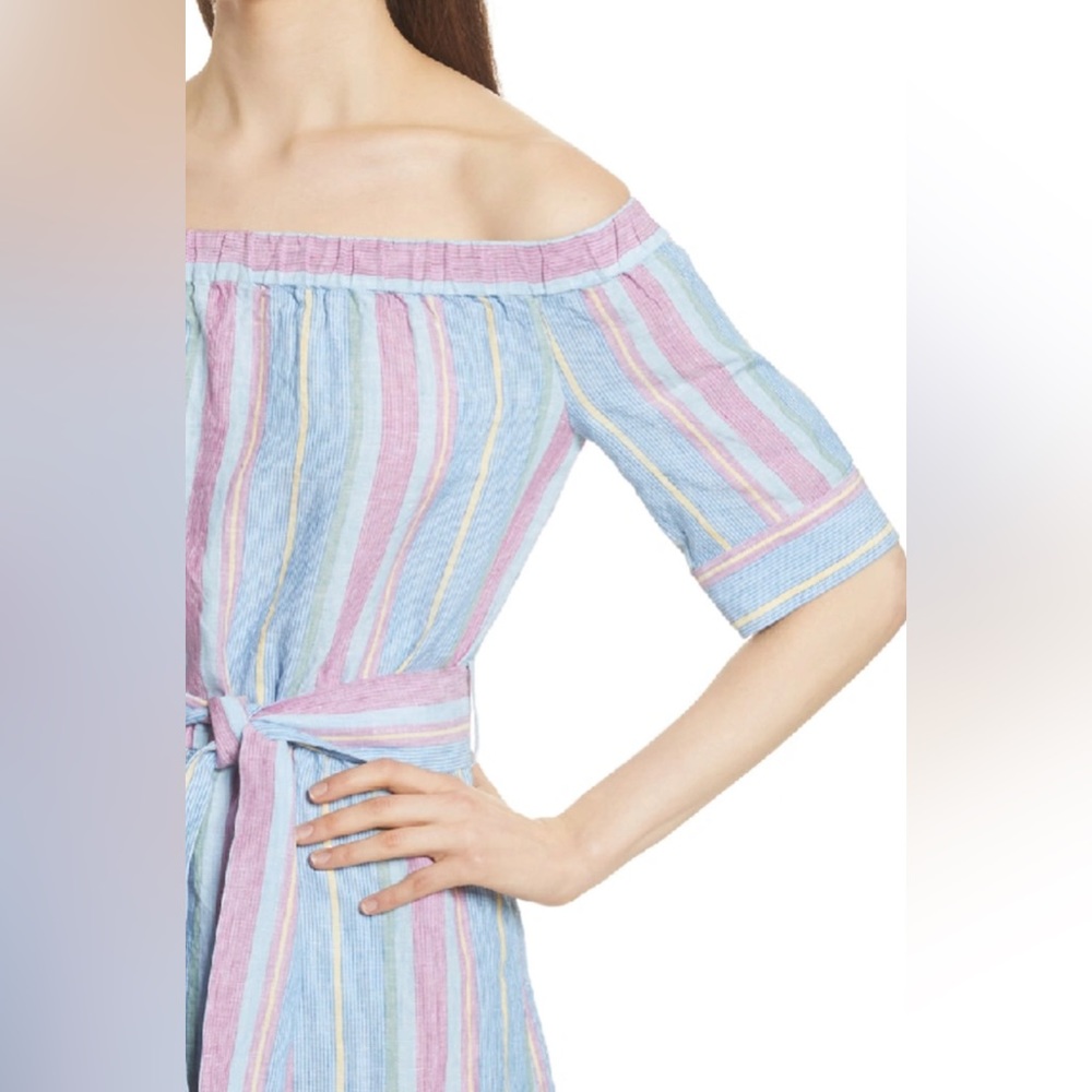 FRAME Women’s Off-Shoulder Striped Belted Linen Pastel Dress Size XS - Picture 7 of 11